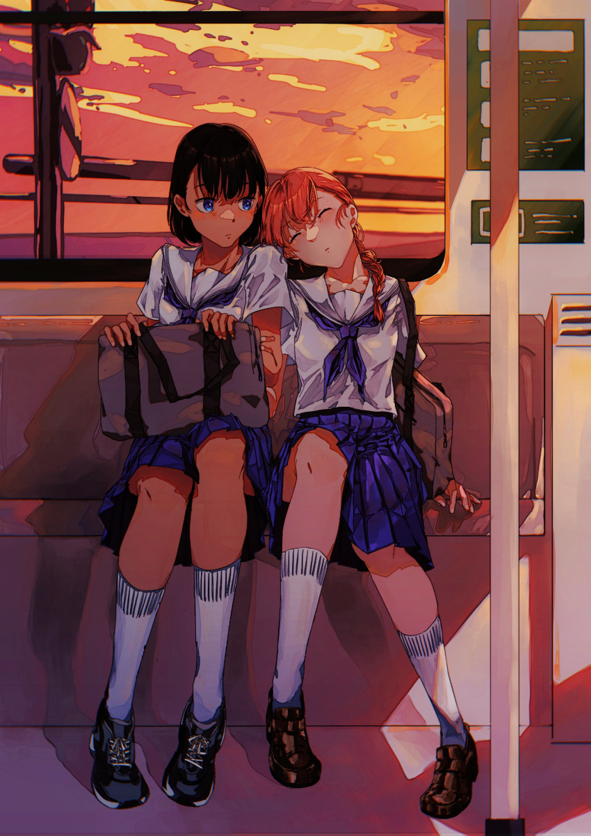 2girls, absurdres, bag, bag_on_lap, bangs, black_footwear, black_hair, blue_eyes