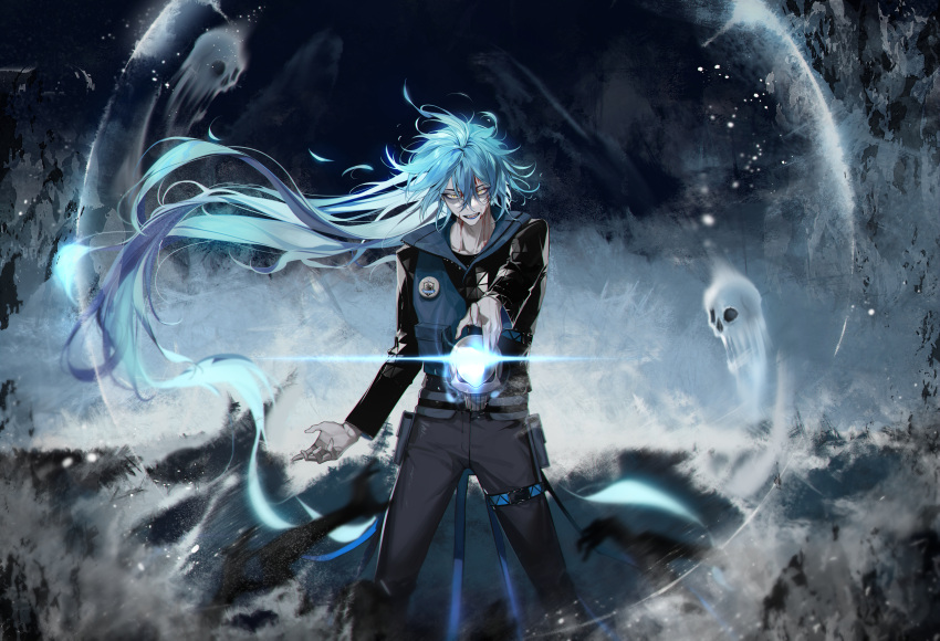 1boy, absurdres, badge, bangs, belt, black_belt, black_jacket, blood
