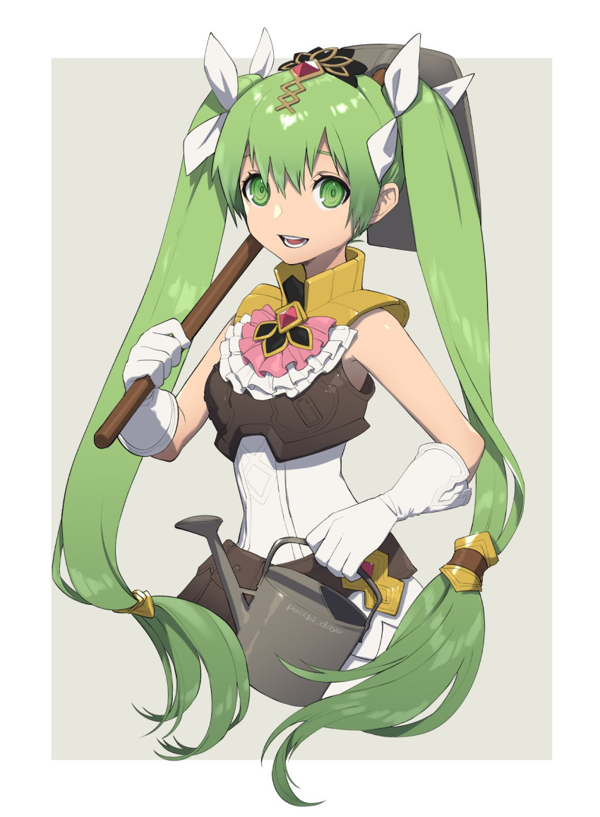 1girl, :d, bangs, frey_(rune_factory), gloves, green_eyes, green_hair, green_pupils, hair_between_eyes, hair_ribbon, hand_up, highres, hoe, holding, holding_hoe, holding_watering_can, long_hair, over_shoulder, pouch, puchiman, ribbon, ringed_eyes, rune_factory, rune_factory_4, sleeveless, smile, solo, teeth, twintails, watering_can, white_gloves, white_ribbon