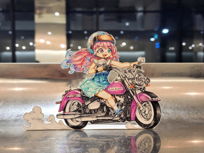 blue_dress, blue_eyes, blue_hair, colored_pencil_(medium), dress, full_body, ground_vehicle, helmet
