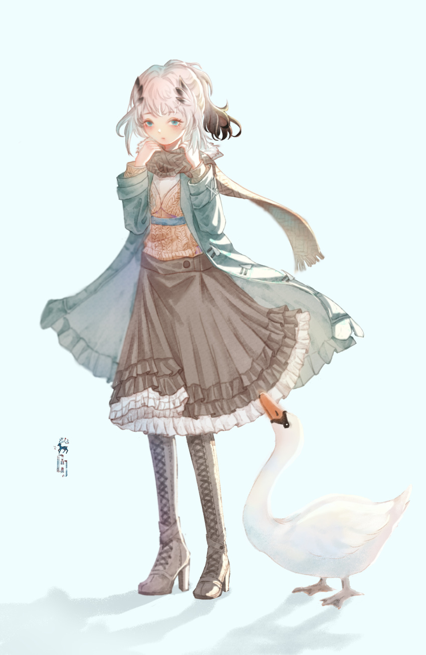 1girl, absurdres, animal, arknights, bibeak_(arknights), bibeak_(soft_wool)_(arknights), bird, blue_background, blue_eyes, blush, boots, brown_footwear, brown_skirt, coat, feather_hair, frilled_skirt, frills, full_body, goose, gradient_hair, green_coat, grey_hair, high_heel_boots, high_heels, highres, long_hair, long_sleeves, multicolored_hair, official_alternate_costume, open_clothes, open_coat, orange_shirt, ponytail, senlumilelu639, shadow, shirt, simple_background, skirt, solo, standing, tachi-e, thigh_boots