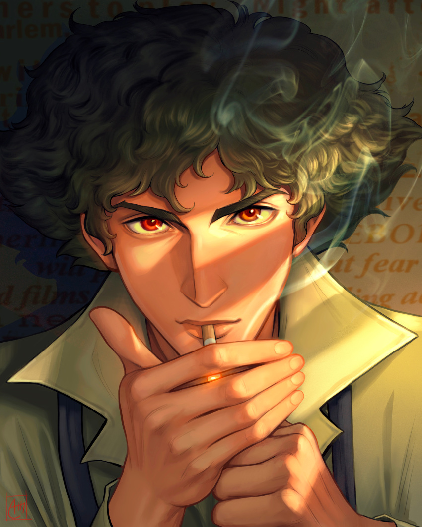 1boy, absurdres, alexandria_monik, black_hair, brown_eyes, cowboy_bebop, english_commentary, hand_up, highres, lighting_cigarette, looking_at_viewer, male_focus, portrait, smoke, smoking, solo, spike_spiegel