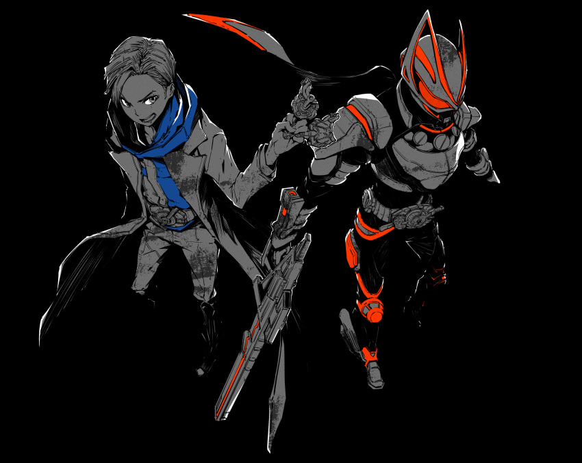 absurdres, belt, black_background, blue_shirt, boost_buckle, commentary, compound_eyes, desire_driver