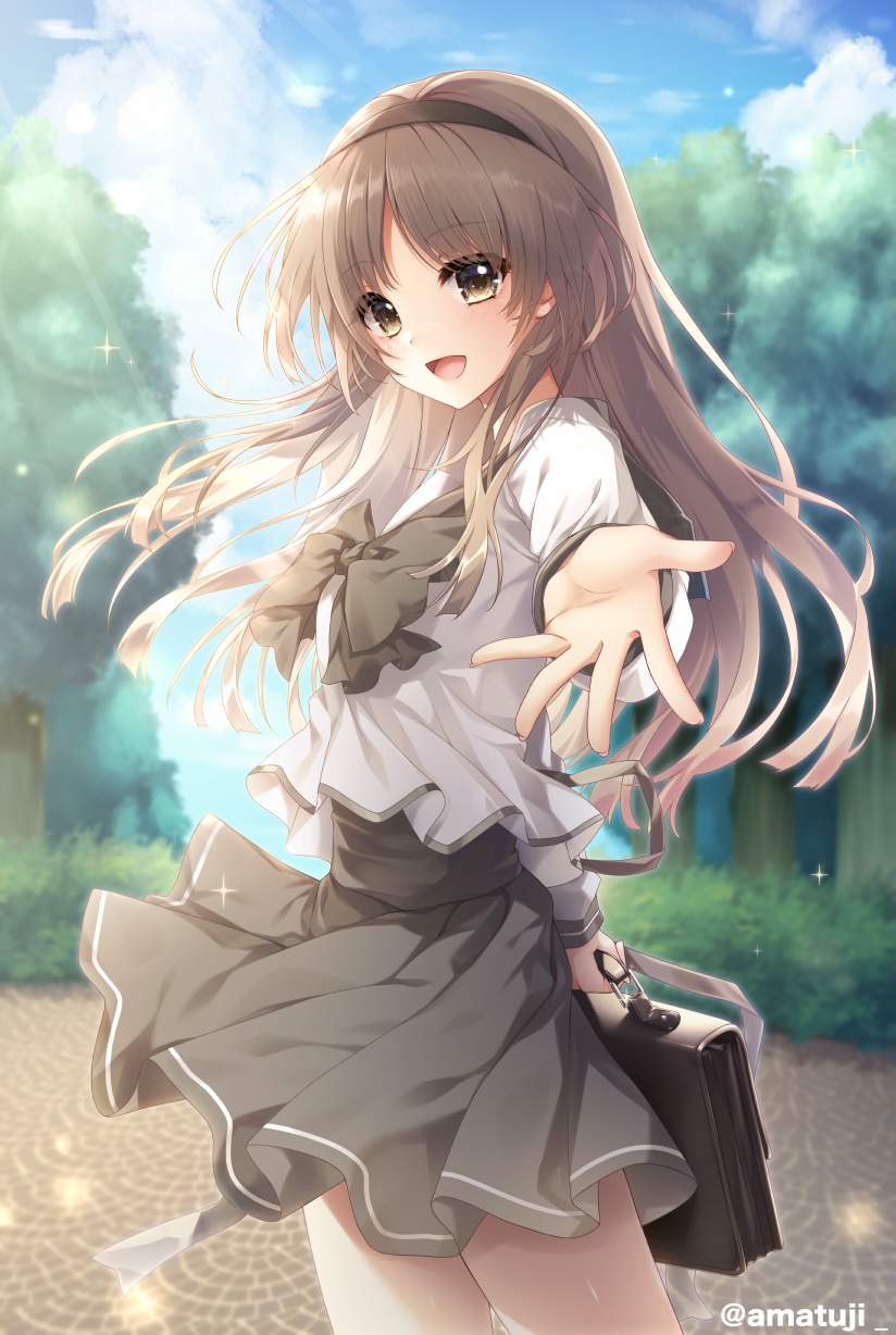 1girl, amatsuji, brown_eyes, brown_hair, commission, hairband, highres, hizuki_ayaka, long_hair, memories_off, memories_off_1, outstretched_arm, pleated_skirt, sailor_collar, school_uniform, serafuku, skeb_commission, skirt, smile, solo