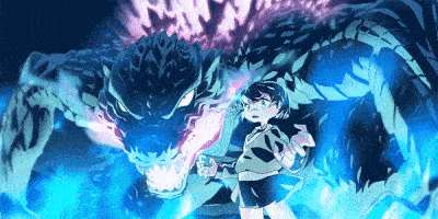 1girl, animated, animated_gif, blue_eyes, blue_fire, cotton_(artist), dinosaur, embers