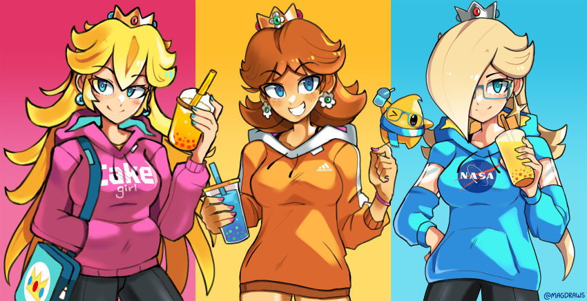 3girls, absurdres, adidas, bag, blonde_hair, brown_hair, bubble_tea, casual