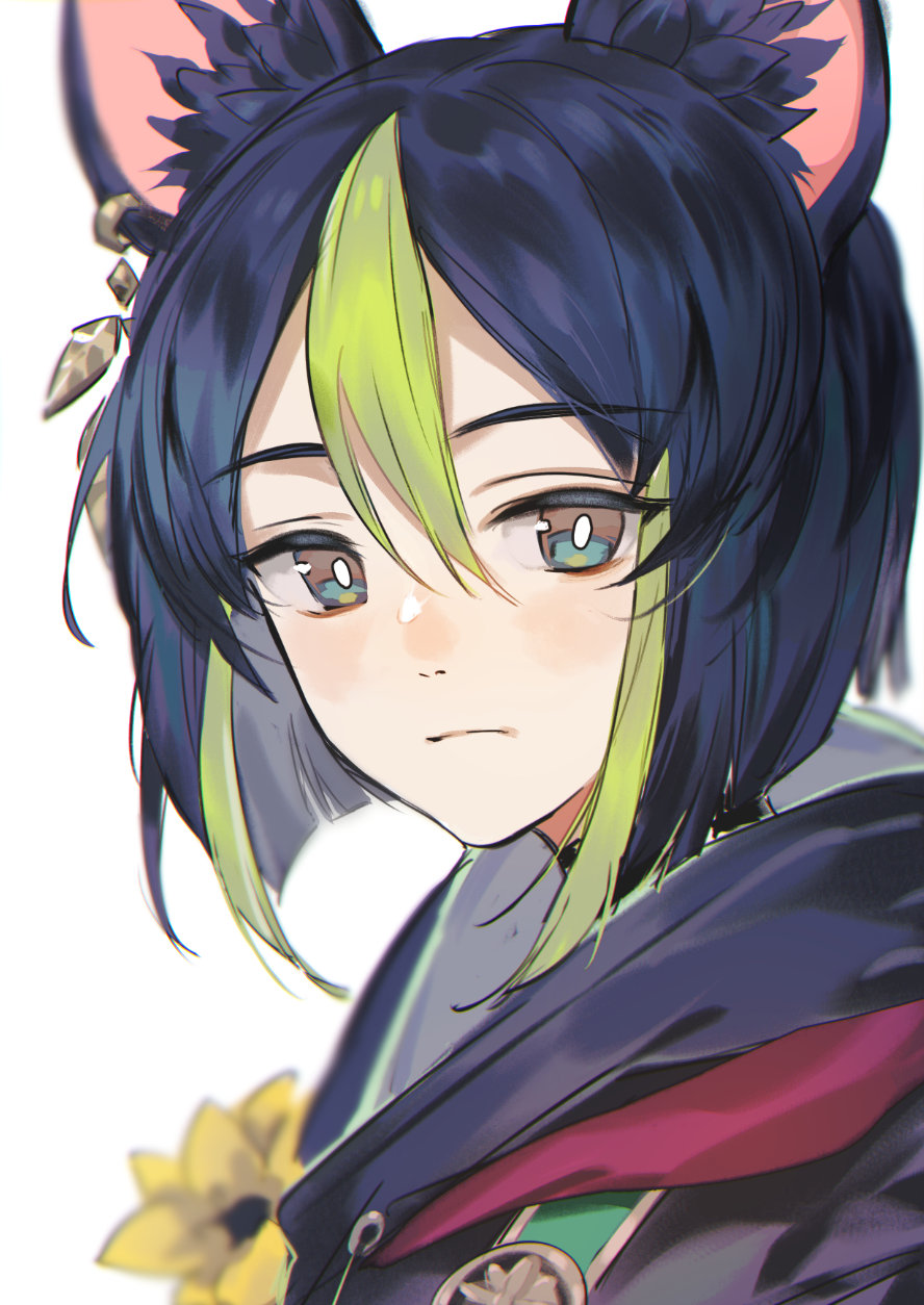 1boy, animal_ear_fluff, animal_ears, bishounen, black_hair, blunt_ends, flower, fox_boy, fox_ears, genshin_impact, gloves, gradient_hair, green_eyes, green_hair, hair_between_eyes, highres, male_focus, multicolored_hair, short_hair, solo, tighnari_(genshin_impact), weibo_1747951637
