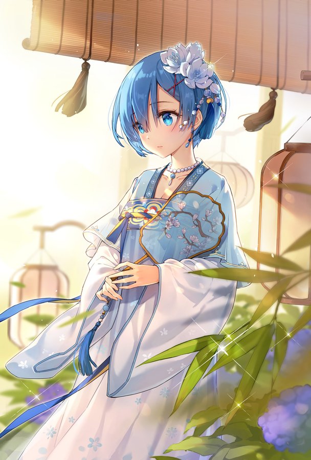 1girl, alternate_costume, blue_eyes, blue_hair, blurry, blush, chinese_clothes, chinese_dress