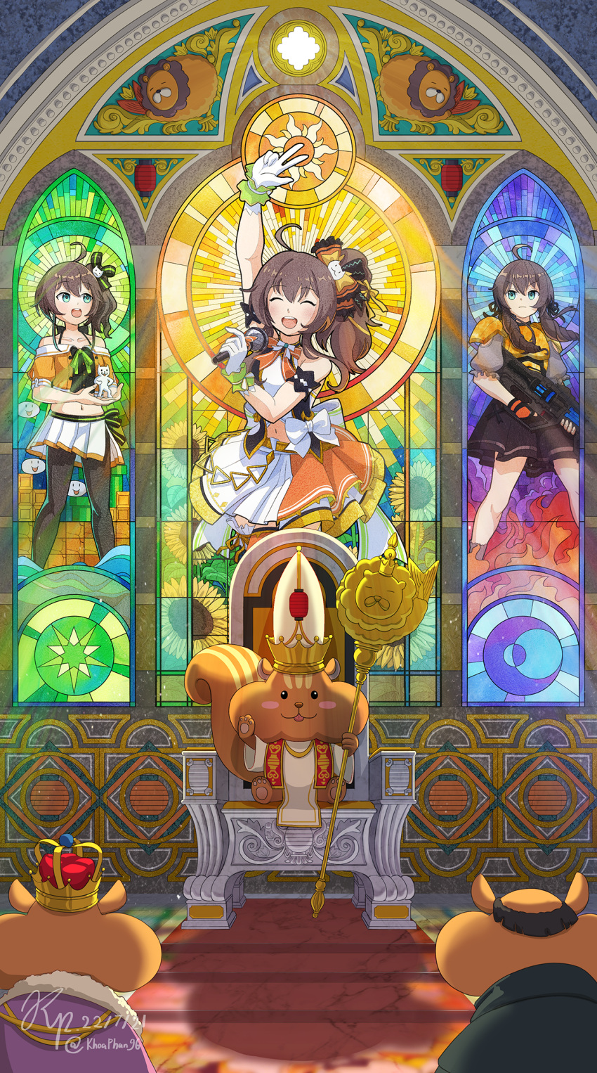 ahoge, aqua_eyes, armor, blush_stickers, bow, brown_hair, cat_hair_ornament, crown