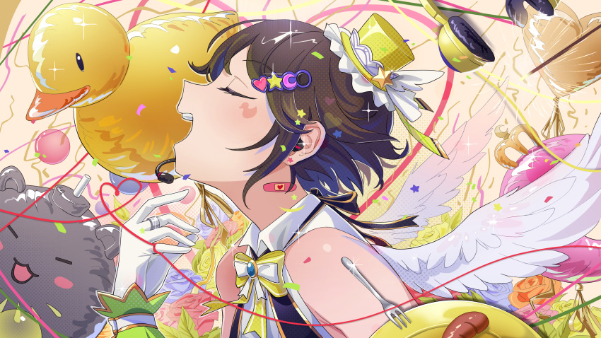 1girl, absurdres, angel_wings, balloon, bandaid, black_hair, flower, food