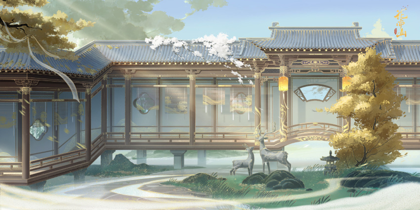 architecture, east_asian_architecture, flower, highres, hua_yi_shan_xin_zhi_yue, landscape, no_humans, official_art