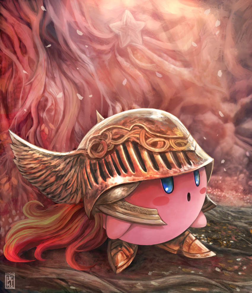:o, absurdres, armor, blue_eyes, blush, commentary, cosplay, crossover, elden_ring, english_commentary, helmet, highres, kirby, kirby_(series), long_hair, malenia_blade_of_miquella, malenia_blade_of_miquella_(cosplay), no_humans, standing, uchivstheworld, winged_helmet