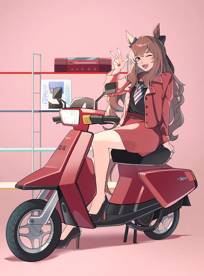 1girl, ;d, absurdres, alternate_costume, animal_ears, bangs, black_footwear, black_shirt