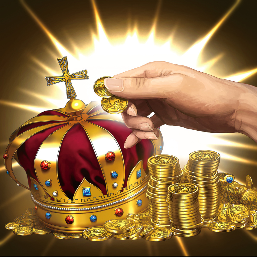 1other, blue_gemstone, coin, commentary_request, cross, crown, fingernails, fuda_no_kataribe, gem, gold, hand_focus, highres, holding, holding_coin, minami_koyogi, official_art, red_gemstone, solo