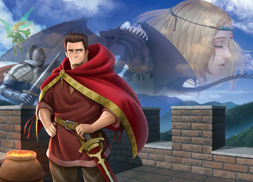 1boy, 1other, 2girls, armor, blonde_hair, blue_sky, brick_wall, brown_eyes, brown_hair, brown_pants, brown_shirt, cape, cloak, closed_eyes, closed_mouth, clouds, commentary_request, cowboy_shot, day, dragon, dress, facial_hair, fairy, fairy_wings, fantasy, fire, fuda_no_kataribe, gauntlets, goatee, green_dress, hands_on_hips, highres, holding, holding_sword, holding_weapon, knight, looking_at_viewer, minami_koyogi, mountain, multiple_girls, official_art, outdoors, pants, pauldrons, red_cape, red_cloak, scabbard, sheath, sheathed, shirt, short_hair, shoulder_armor, sky, smile, sword, weapon, wings