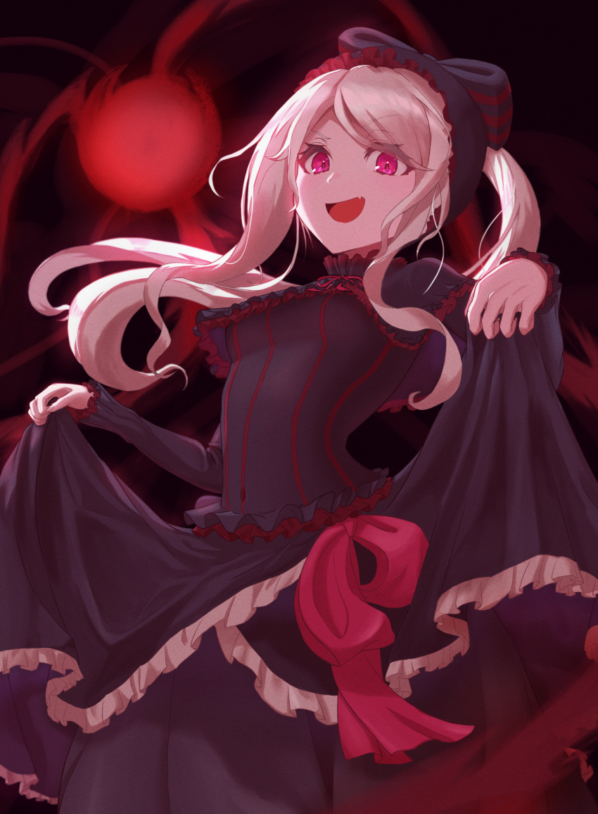 1girl, :d, bangs, black_bow, black_dress, bow, breasts, covered_navel