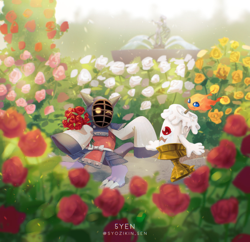 5-en, :d, armor, artist_name, candmon, claws, digimon, digimon_(creature), flower, from_side, glowing, glowing_eyes, helmet, holding, holding_flower, horns, kotemon, long_sleeves, looking_at_another, no_humans, one_eye_closed, open_mouth, outdoors, red_eyes, red_flower, smile, well, white_flower, wide_sleeves