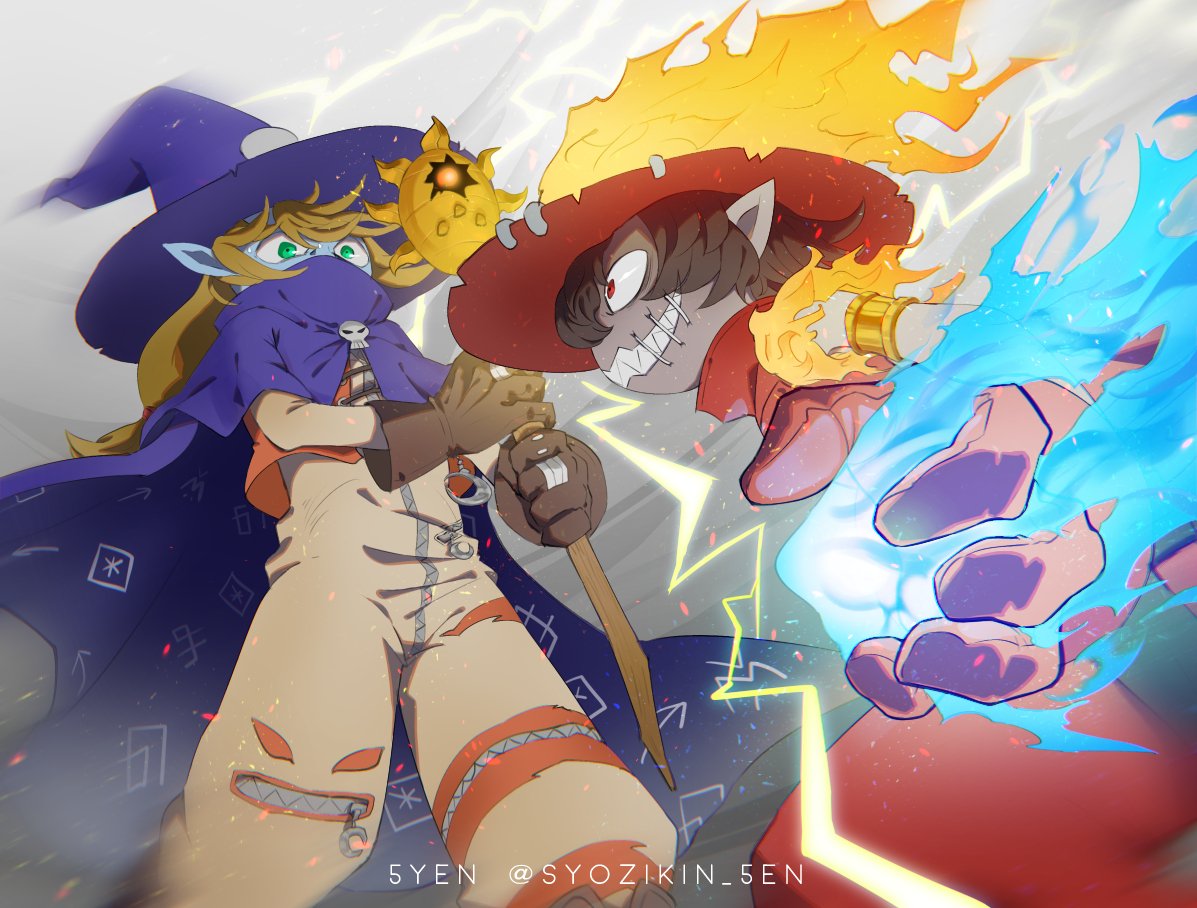 2boys, 5-en, artist_name, brown_gloves, brown_hair, cape, colored_skin, covered_mouth