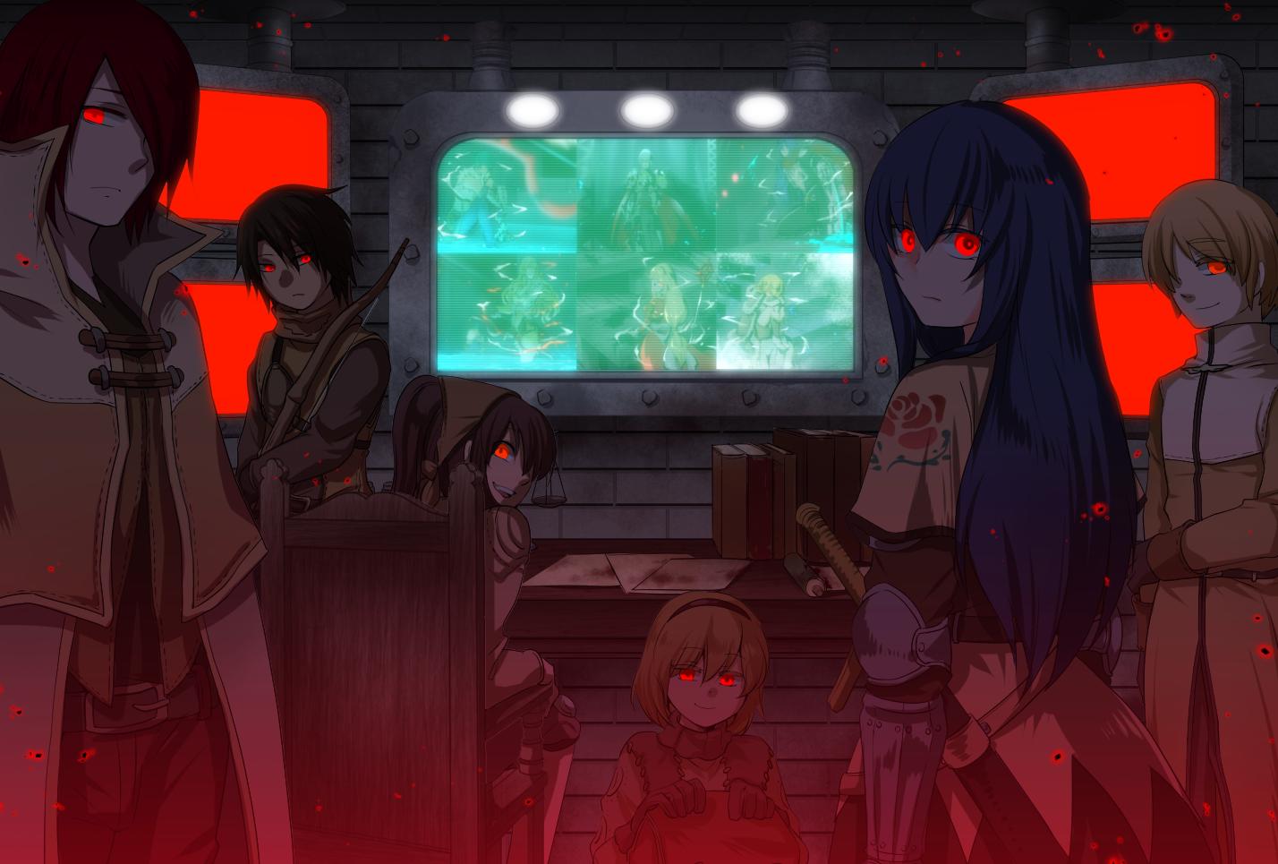 3boys, 3girls, acolyte_(ragnarok_online), archer_(ragnarok_online), armeyer_dinze, assassin_cross_(ragnarok_online), bandana, bangs