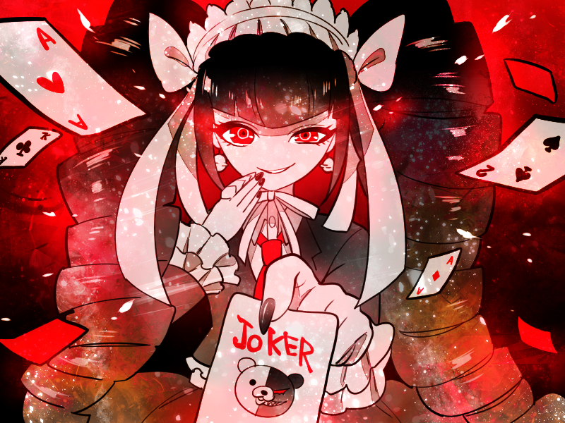 1girl, bangs, black_background, black_nails, brown_hair, card, celestia_ludenberg, danganronpa:_trigger_happy_havoc