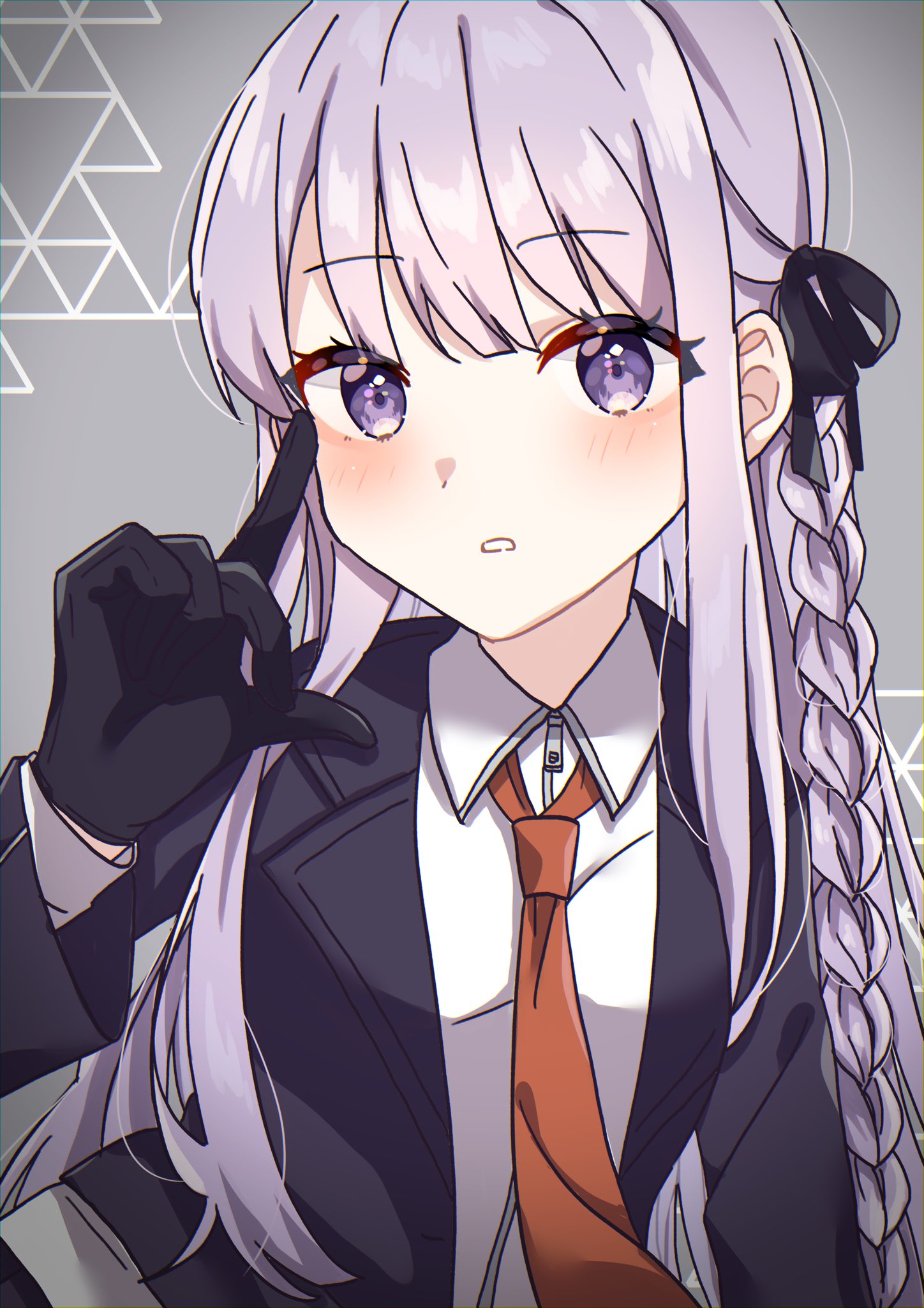 1girl, bangs, black_gloves, black_jacket, black_ribbon, blush, braid, collared_shirt