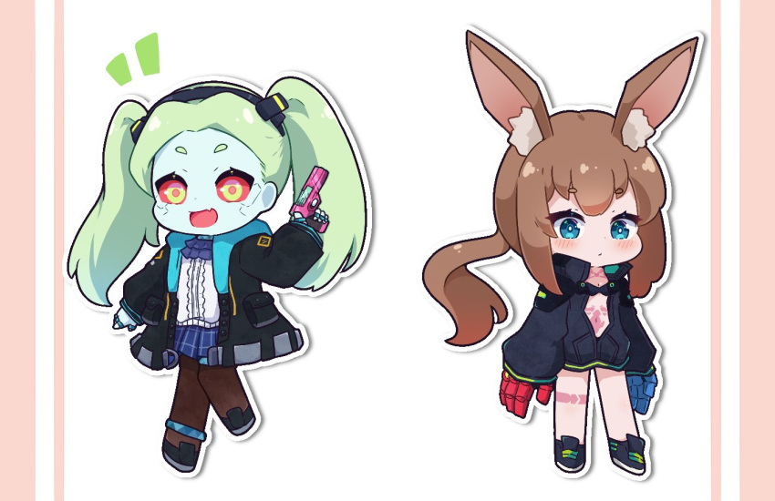 2girls, amiya_(arknights), animal_ears, arknights, ascot, cosplay, costume_switch, cyberpunk_(series), cyberpunk_edgerunners, gun, handgun, holding, holding_gun, holding_weapon, kurosawa_tomoyo, kurotofu, mechanical_arms, multiple_girls, rabbit_ears, rabbit_girl, rebecca_(cyberpunk_edgerunners), samurai_jacket_(cyberpunk_2077), shoes, sneakers, twintails, voice_actor_connection, weapon