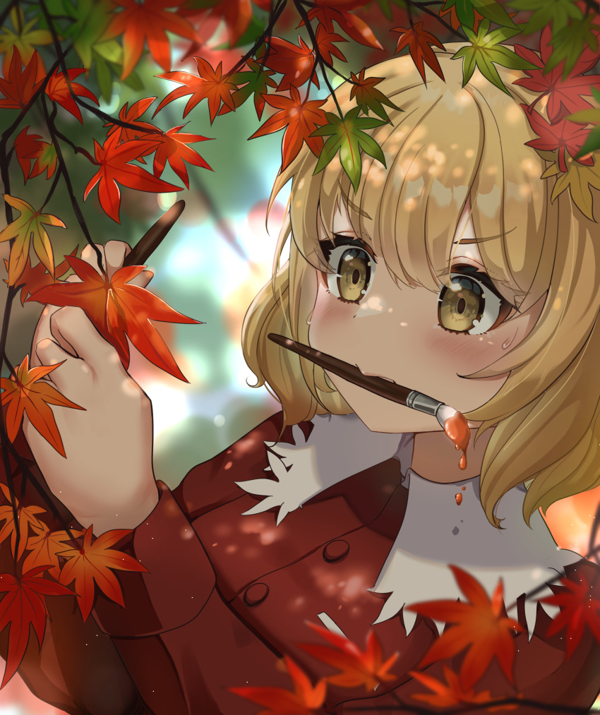 1girl, aki_shizuha, autumn_leaves, bangs, blonde_hair, blurry, blurry_background, blush, collared_shirt, commentary_request, highres, holding, holding_brush, holding_leaf, leaf, long_sleeves, maple_leaf, medium_hair, paintbrush, painting_(action), red_shirt, shirt, solo, sweatdrop, touhou, tree, upper_body, wheat_retzel, yellow_eyes