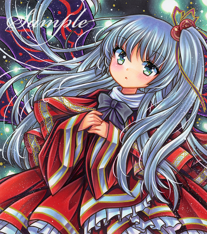 1girl, aqua_eyes, bangs, black_bow, black_bowtie, blue_hair, blush, bow, bowtie, capelet, cowboy_shot, dress, embellished_costume, floating_hair, frills, hair_bobbles, hair_ornament, light_blue_hair, long_hair, long_sleeves, looking_at_viewer, marker_(medium), multiple_wings, one_side_up, own_hands_together, parted_lips, red_capelet, red_dress, rui_(sugar3), sample_watermark, shinki_(touhou), solo, touhou, touhou_(pc-98), traditional_media, wide_sleeves, wings
