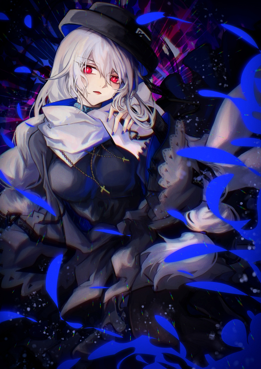 1girl, absurdres, arknights, black_background, black_dress, black_headwear, blue_nails, blush