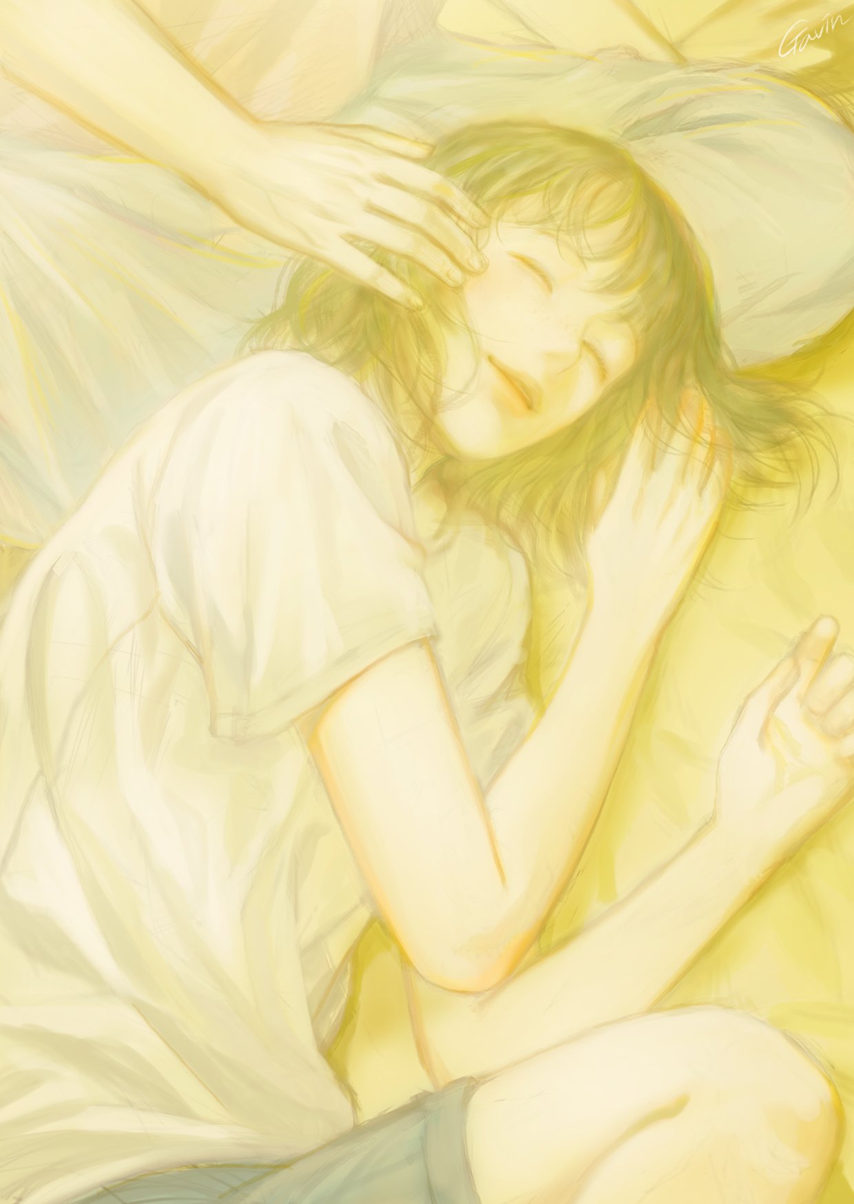 1girl, 1other, artist_name, closed_eyes, denim, denim_shorts, gavin_(jypic), hand_on_another's_face