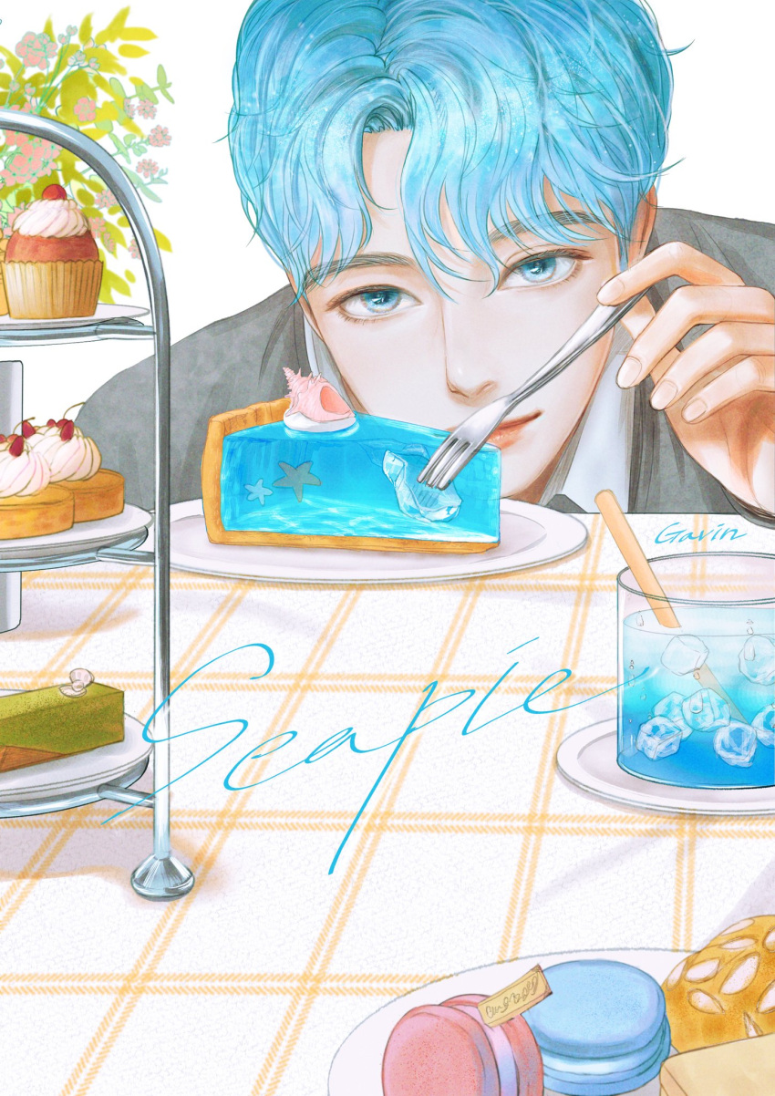 1boy, blue_eyes, blue_hair, cup, cupcake, drinking_glass, english_text, food