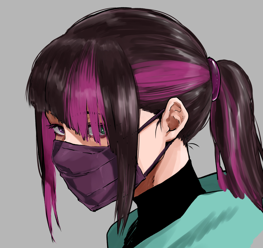 1girl, bangs, brown_hair, commentary_request, covered_mouth, green_eyes, grey_background, hair_over_one_eye