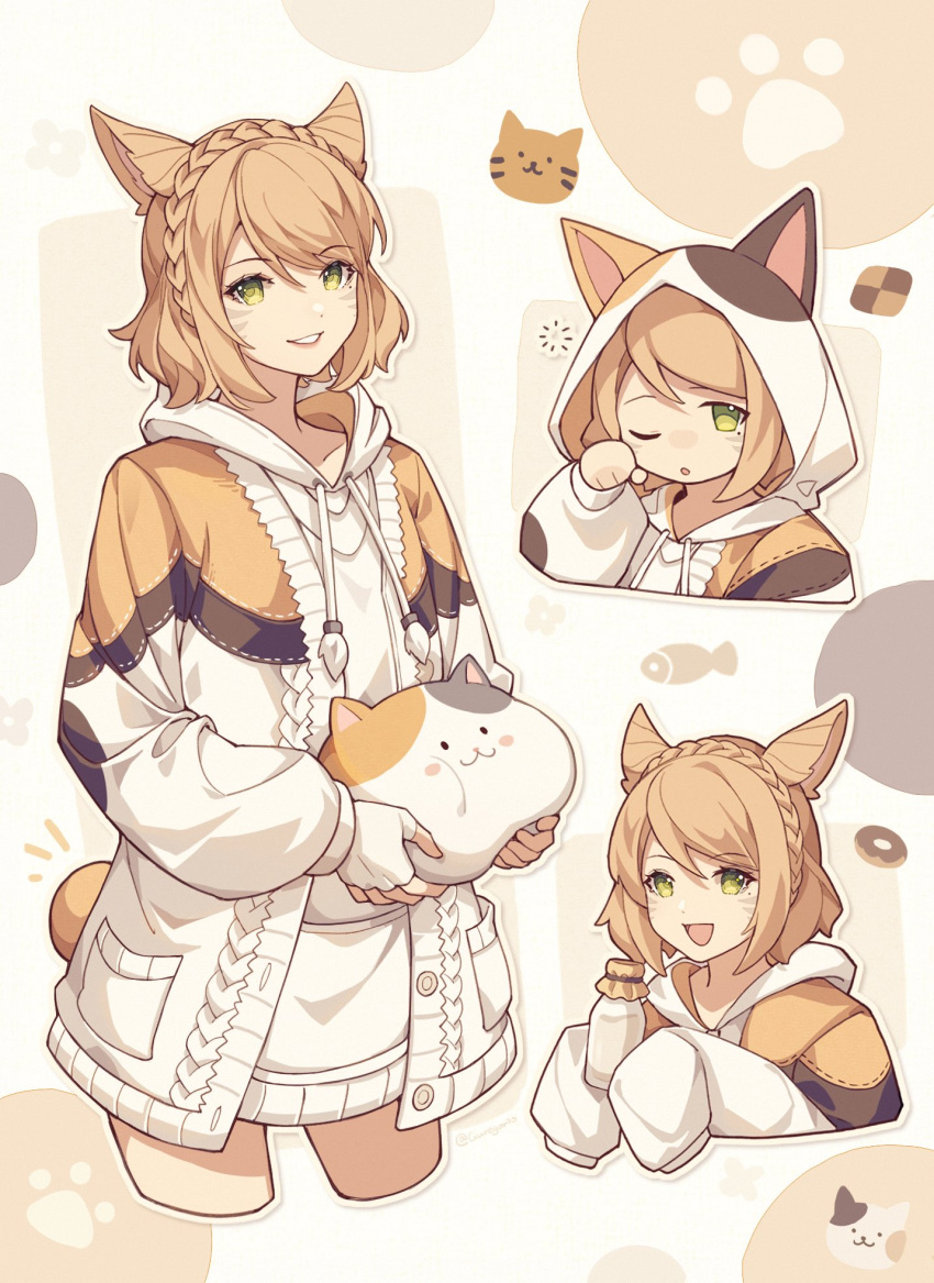 1girl, 9yuki, :d, animal, animal_ears, animal_hood, avatar_(ff14), bangs, blonde_hair, bottle, braid, buttons, cable_knit, cat, cat_ears, cat_hood, cat_tail, chibi, commentary, cropped_legs, cropped_torso, crown_braid, facial_mark, fat_cat_(ff14), final_fantasy, final_fantasy_xiv, fingerless_gloves, gloves, green_eyes, grin, hand_up, highres, holding, holding_animal, holding_bottle, holding_cat, hood, hood_down, hood_up, hoodie, long_sleeves, looking_at_viewer, milk_bottle, miqo'te, mole, mole_under_eye, multiple_views, notice_lines, one_eye_closed, outline, paw_print, pocket, puffy_long_sleeves, puffy_sleeves, short_hair, single_braid, sleepy, sleeves_past_fingers, sleeves_past_wrists, smile, standing, swept_bangs, symbol-only_commentary, tail, two-tone_background, white_gloves, white_hoodie, white_outline