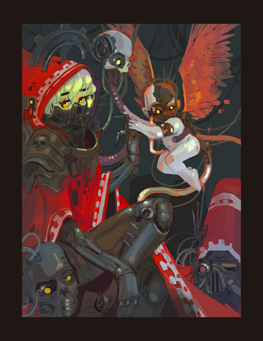 absurdres, adeptus_mechanicus, black_border, border, cherub_(warhammer), cyborg, highres, hood, hood_up, hooded_robe, looking_at_viewer, mechanical_arms, mechanical_legs, polilla, robe, servo-skull, warhammer_40k, wings