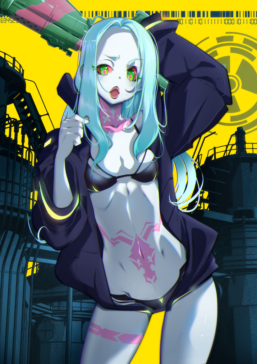 1girl, animahakim, artificial_eye, bangs, black_bra, black_jacket, black_panties, bra