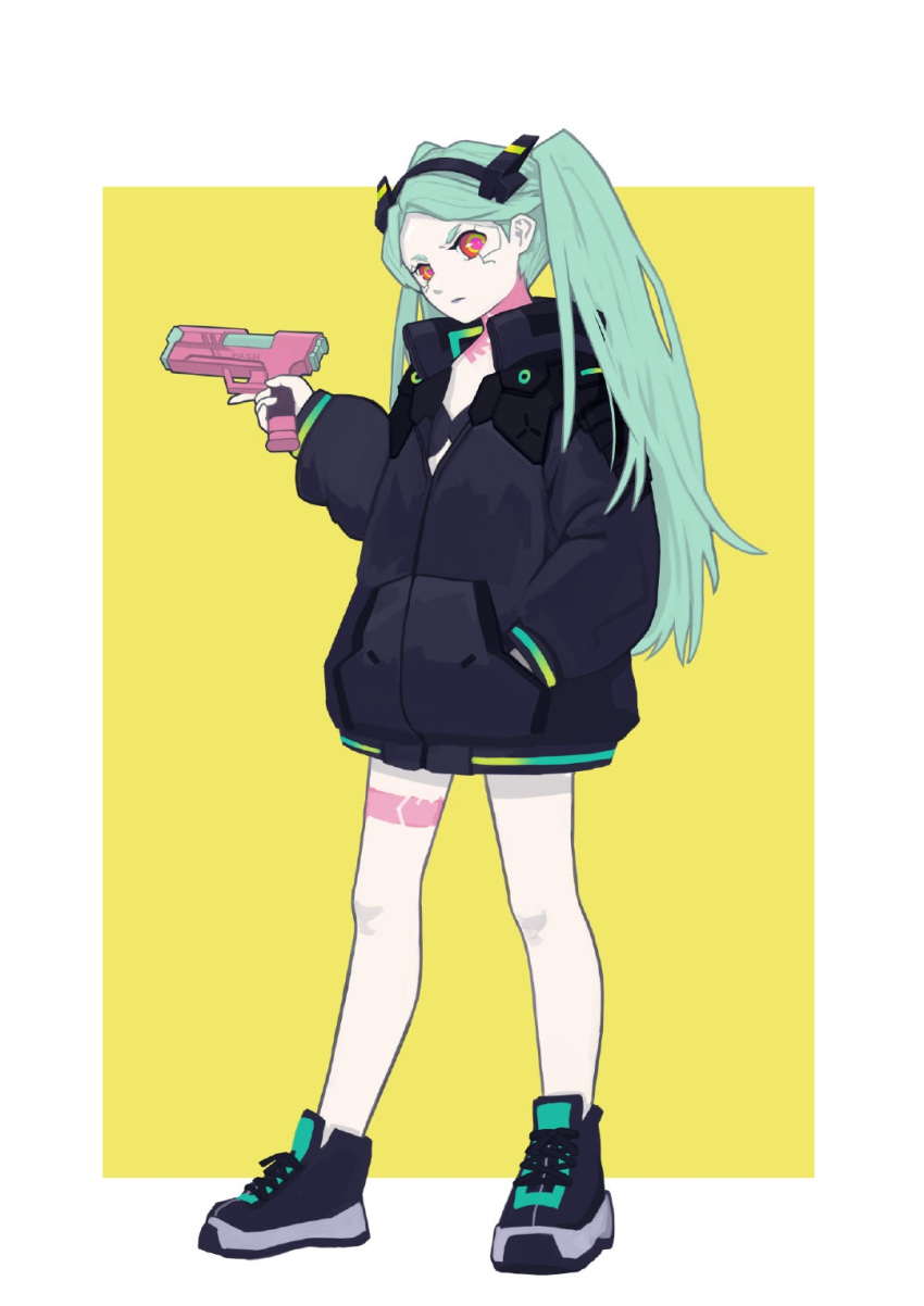 1girl, artificial_eye, bangs, bare_shoulders, black_bra, black_jacket, bra, breasts
