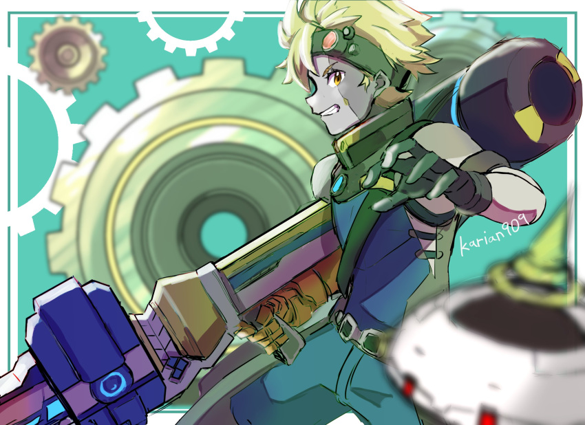 1boy, artist_name, black_gloves, blonde_hair, colored_skin, gears, gloves, goggles