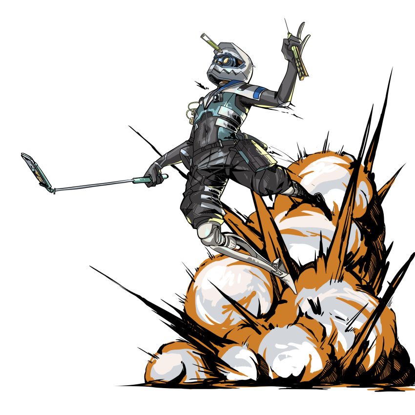 1boy, \n/, absurdres, airborne, apex_legends, balisong, black_jacket, black_shorts, butterfly_knife_(apex_legends), cellphone, chinese_commentary, explosion, goggles, hafe, helmet, highres, holding, holding_knife, jacket, knife, male_focus, mechanical_legs, motorcycle_helmet, octane_(apex_legends), official_alternate_costume, phone, selfie_stick, shorts, smartphone, solo, syringe_in_head, the_victory_lap_octane, white_background