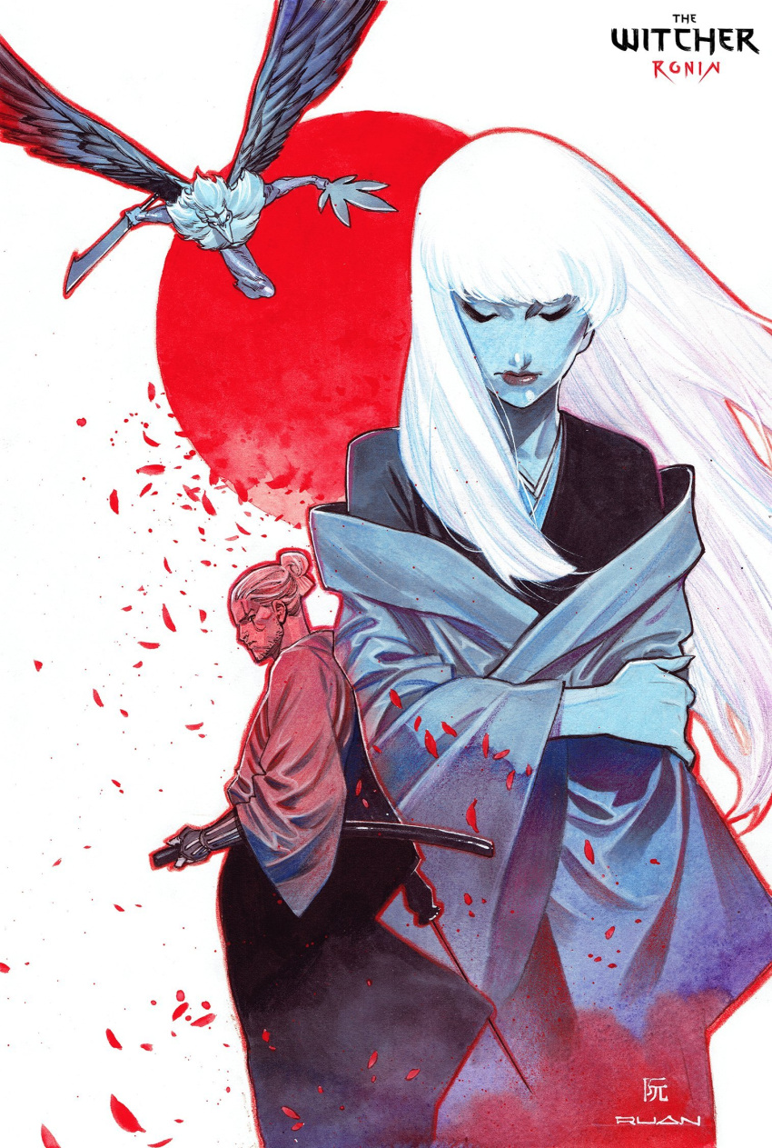 1boy, 1girl, artist_name, blue_kimono, blue_skin, colored_skin, comic_cover, copyright_name