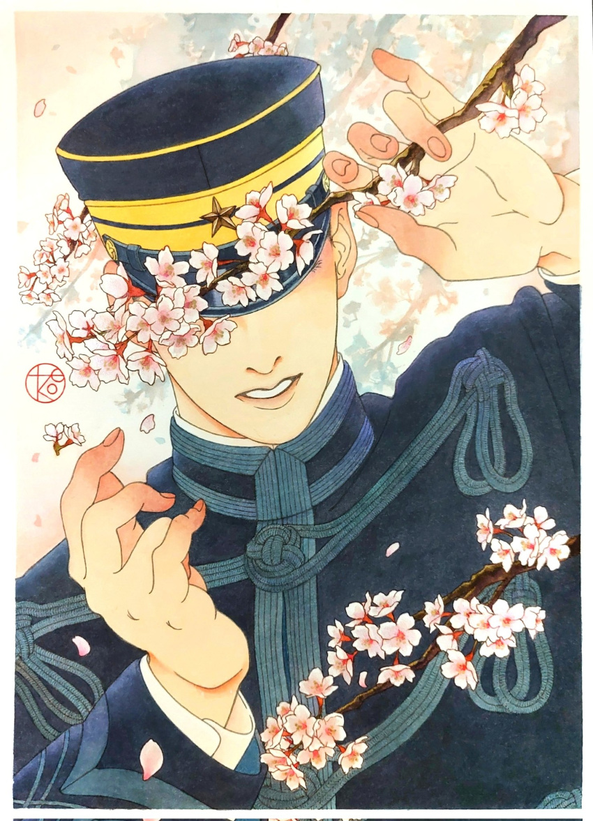1boy, cherry_blossoms, day, golden_kamuy, hanazawa_yusaku, hand_up, hat, highres
