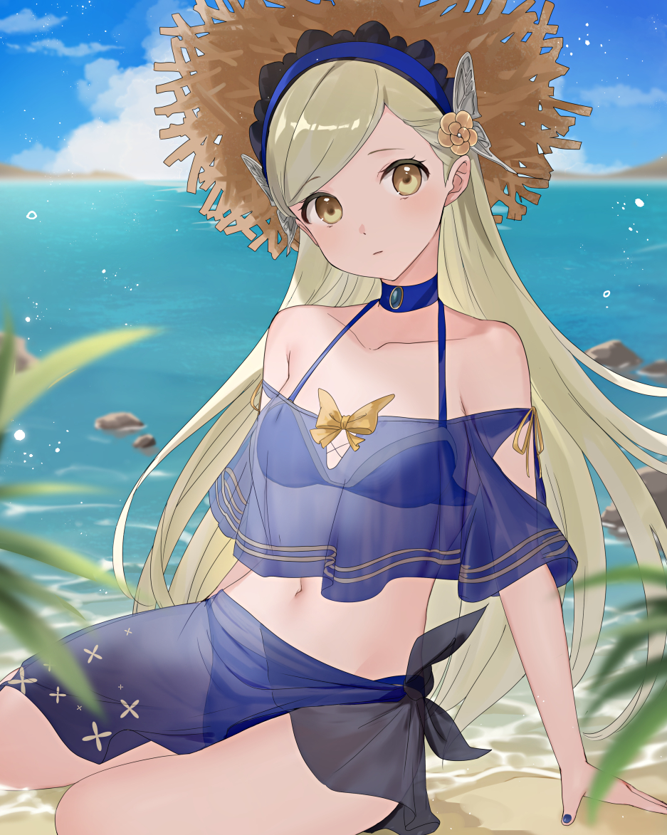 1girl, adapted_costume, alternate_costume, bare_shoulders, beach, bikini, blue_bikini, blue_choker