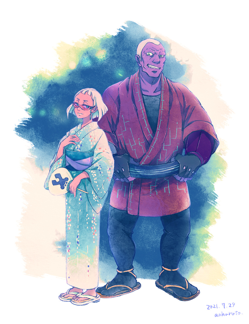 1boy, 1girl, aoharuto, artist_name, blue_eyes, blue_kimono, buzz_cut, colored_skin