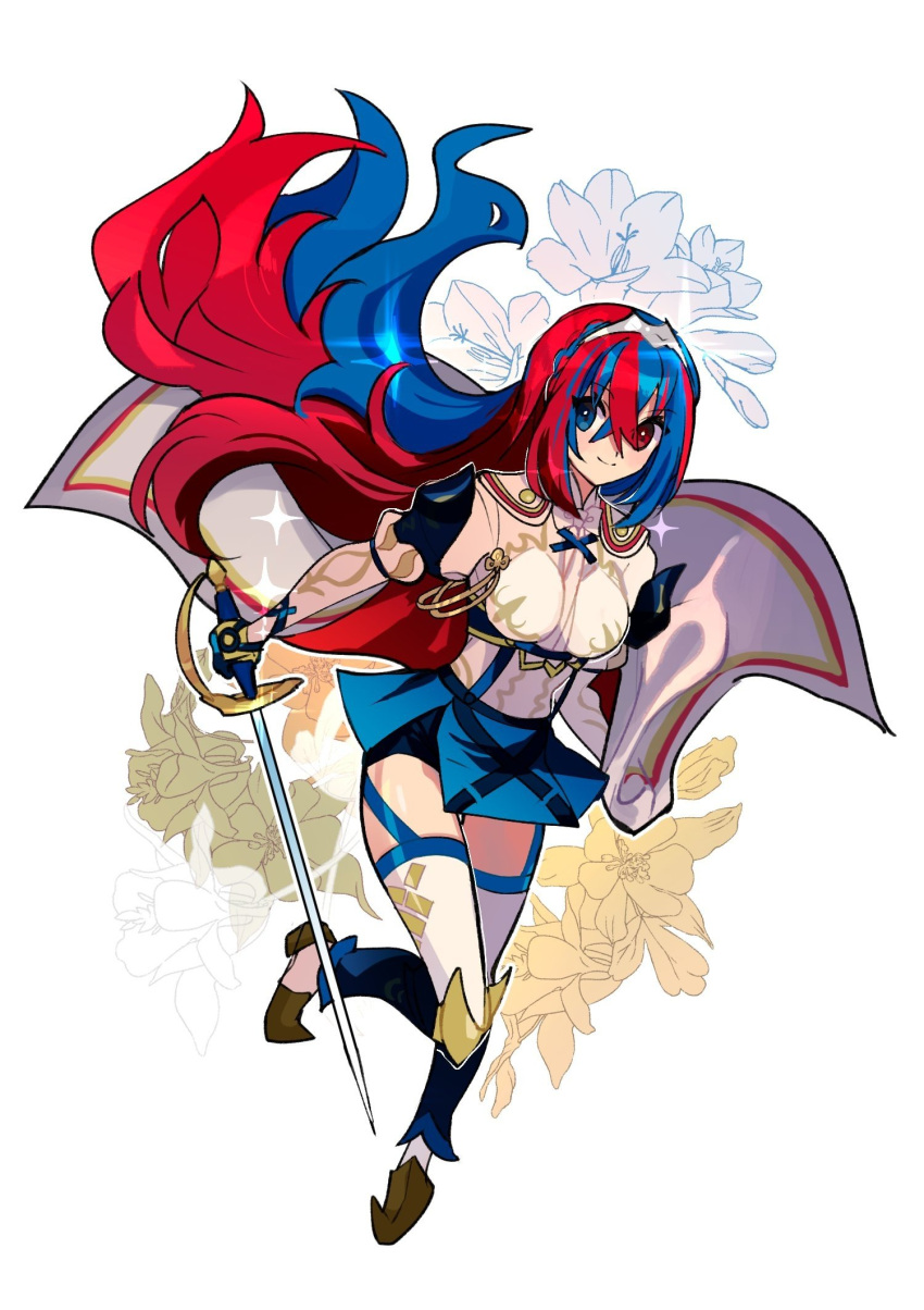 1girl, alear_(fire_emblem), alear_(fire_emblem)_(female), armor, bangs, black_shorts, blue_eyes, blue_hair, braid, breasts, crossed_bangs, crown_braid, fire_emblem, fire_emblem_engage, gloves, heterochromia, highres, jewelry, kurimori, long_hair, looking_at_viewer, medium_breasts, multicolored_hair, rapier, red_eyes, redhead, shorts, shorts_under_skirt, smile, solo, split-color_hair, sword, thigh-highs, thigh_strap, tiara, two-tone_hair, very_long_hair, weapon