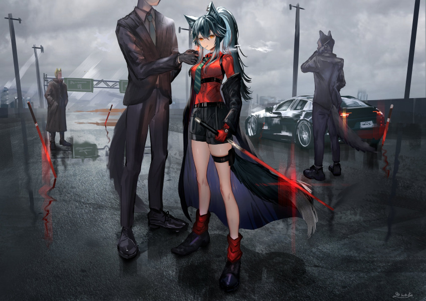 1girl, 3boys, absurdres, animal_ears, aqua_necktie, arknights, black_coat, black_footwear