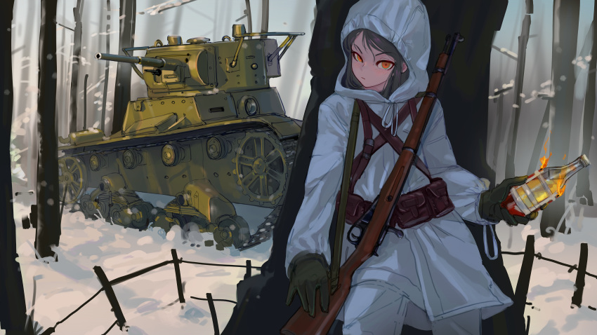 1girl, absurdres, bare_tree, black_gloves, bolt_action, bottle, brown_hair, commission, forest, gloves, ground_vehicle, gun, head_tilt, highres, holding, holding_bottle, hood, hood_up, jacket, looking_at_viewer, military, military_vehicle, molotov_cocktail, mosin-nagant, motor_vehicle, nature, orange_eyes, original, polilla, rifle, snow, solo, t-26, tank, tank_focus, tree, v-shaped_eyebrows, vehicle_focus, weapon, white_jacket