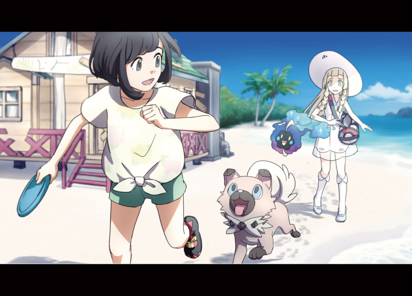 2girls, bag, beach, black_hair, commentary_request, cosmog, floral_print, frisbee, green_shorts, handbag, hat, house, lillie_(pokemon), multiple_girls, outdoors, palm_tree, pokemon, pokemon_(creature), pokemon_(game), pokemon_sm, rockruff, ruidusxyq, selene_(pokemon), shirt, shoes, short_shorts, shorts, skirt, sun_hat, thigh-highs, tree, white_shirt, white_skirt