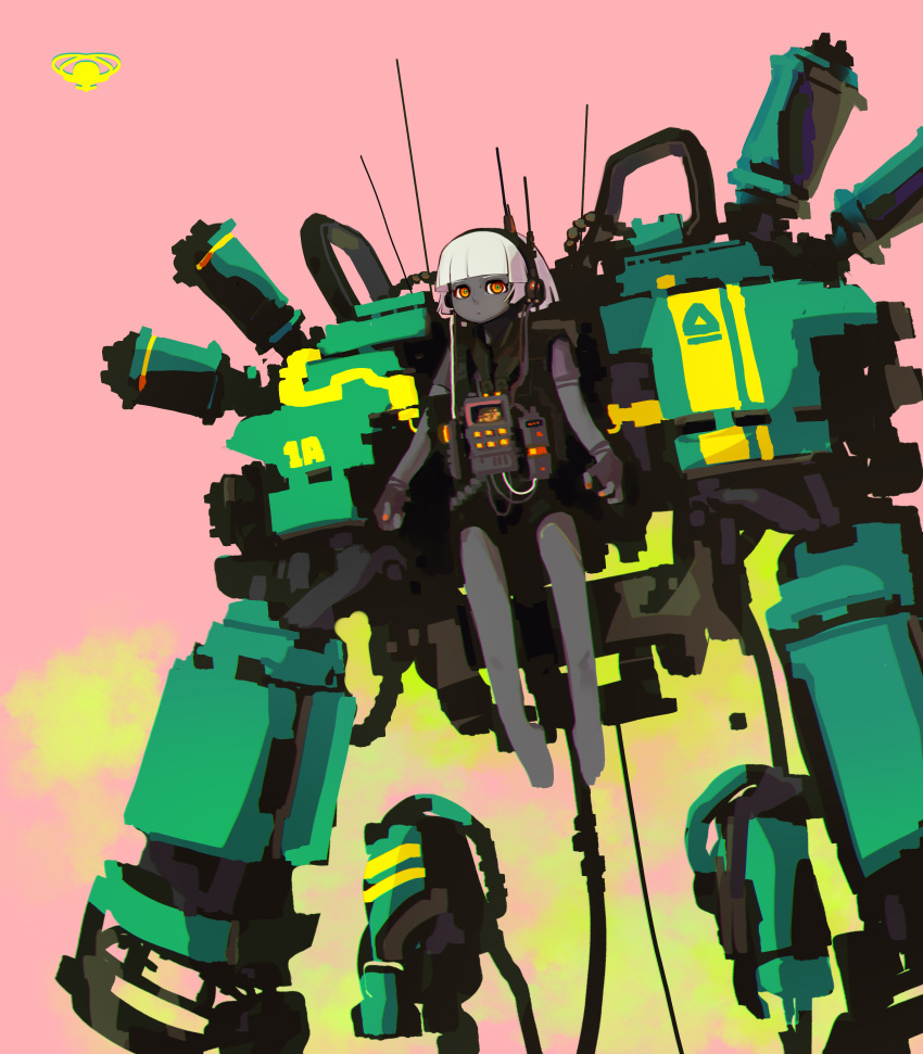 1girl, absurdres, bare_legs, barefoot, closed_mouth, colored_skin, externally_piloted_mecha, fingerless_gloves