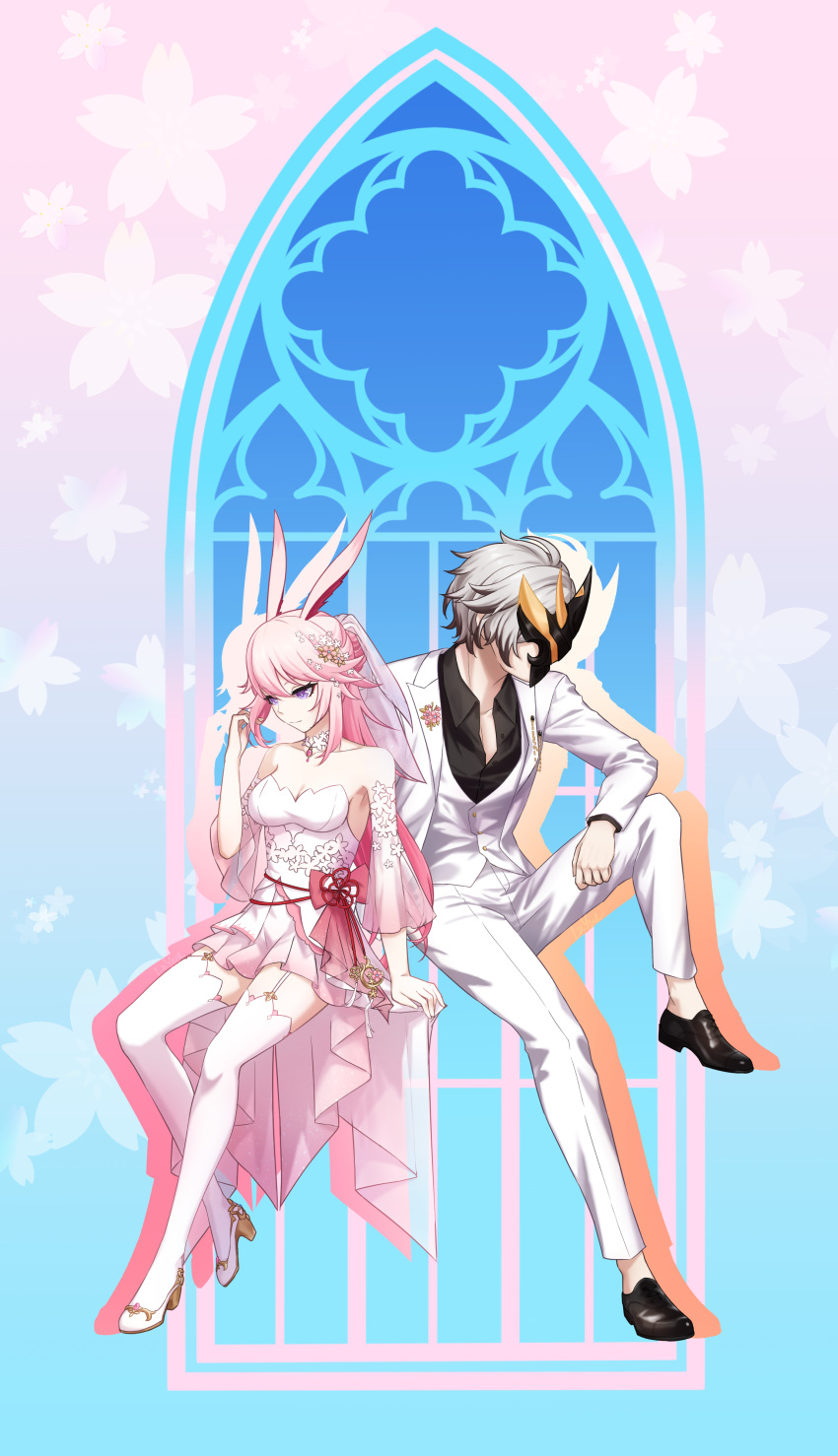 1boy, 1girl, absurdres, animal_ears, bare_shoulders, black_footwear, black_shirt, blue_background