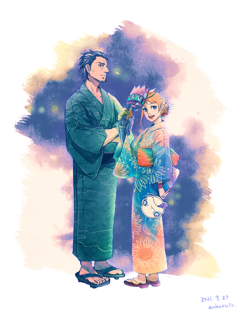 1boy, 1girl, :d, aoharuto, artist_name, beard, black_hair, blue_eyes