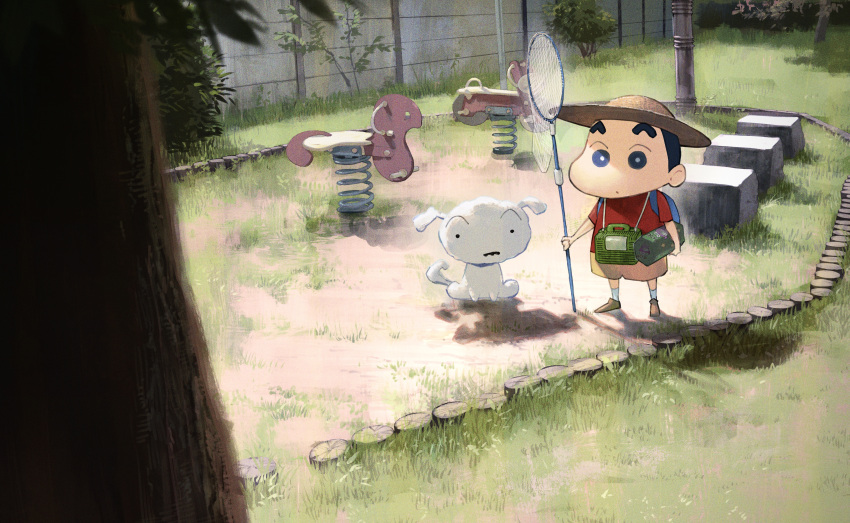 absurdres, black_eyes, black_hair, bush, butterfly_net, child, crayon_shin-chan, day